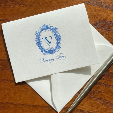 Colette Toile Personalized Notepads | Blue and White Monogram Note Cards | Cotton Stationery