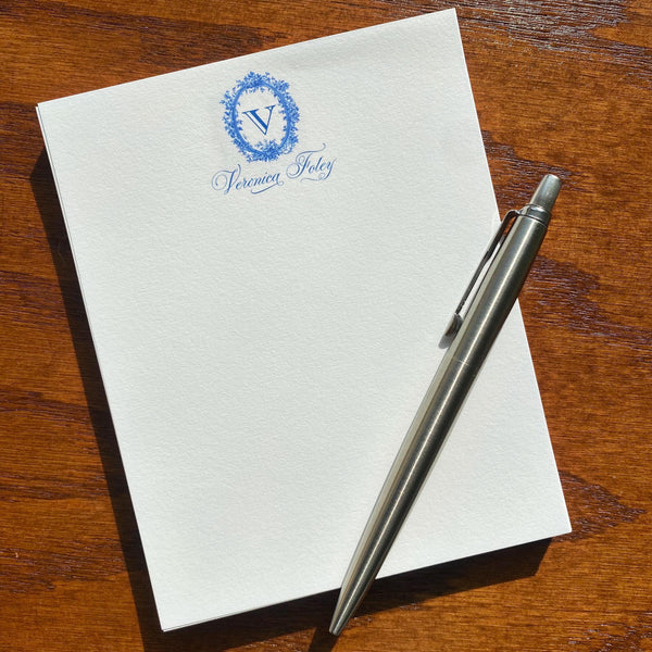 Colette Toile Personalized Notepads | Blue and White Monogram Note Cards | Cotton Stationery